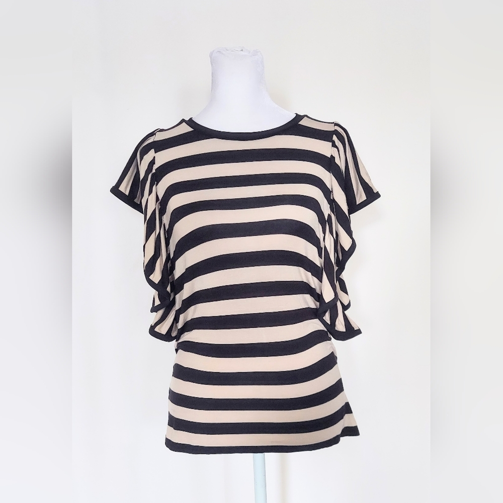 Joseph Ribkoff Flutter Sleeve Striped Top Shirt Black Beige Size 2